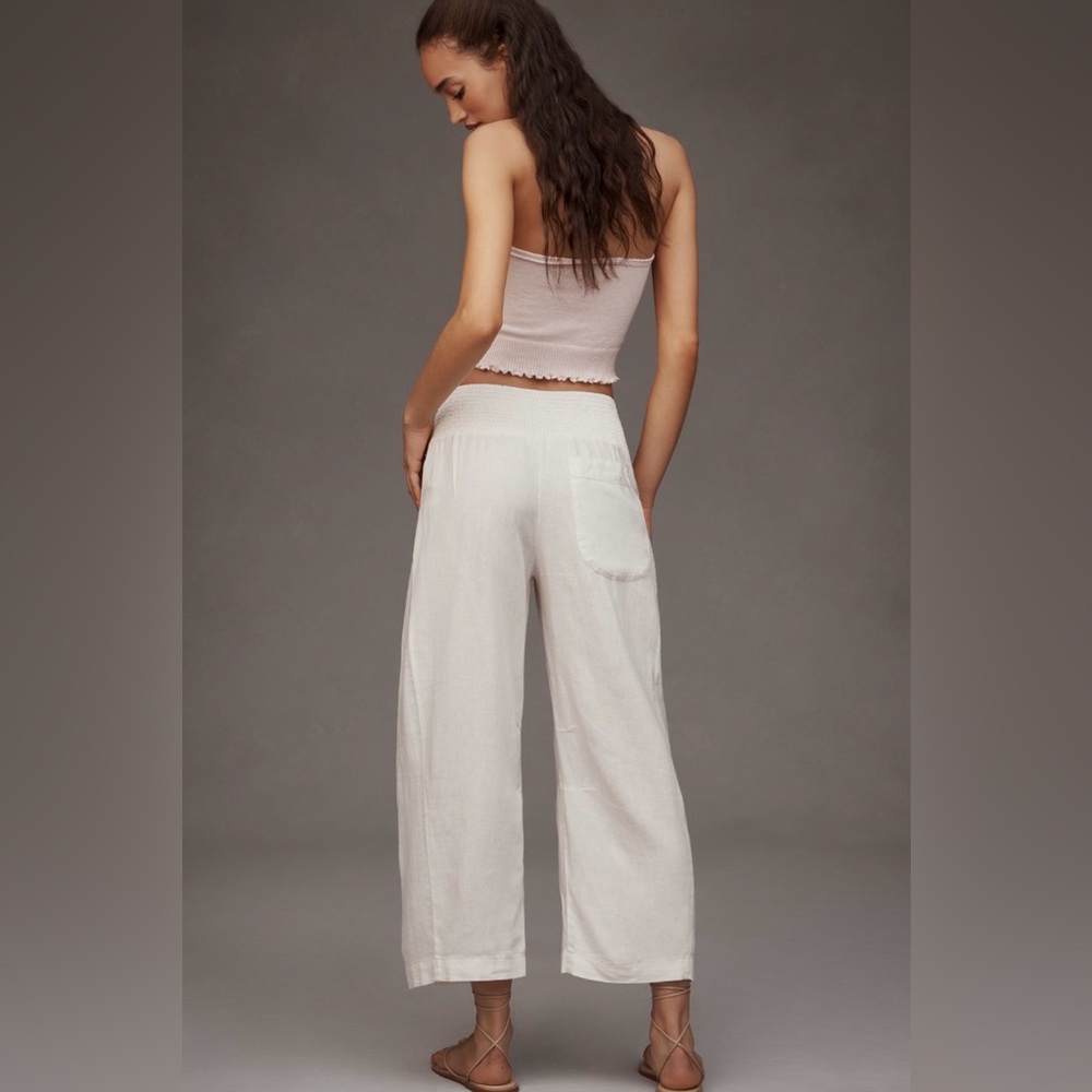 Anthropologie Cream Wide-Leg Smocked Waist Pants - Picture 2 of 4
